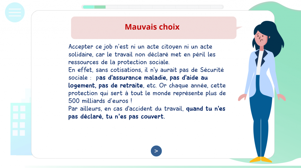 JEU URSSAF MAUVAISE REPONSE - LA MANANE COMMUNICATION PEDAGOGIQUE CROSSMEDIA