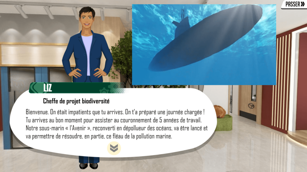 Cette image issue de l'escape game Think out of the box présente le chef de projet bio-diversité de l'ONG qui accueille le joueur et présente la problématique