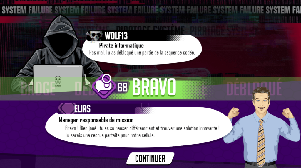 Cette image issue de l'escape game Think out of the box présente un exemple de page au cours de laquelle le joueur vient de débloquer un des 4 codes d'accès au serveur du sous-marin
