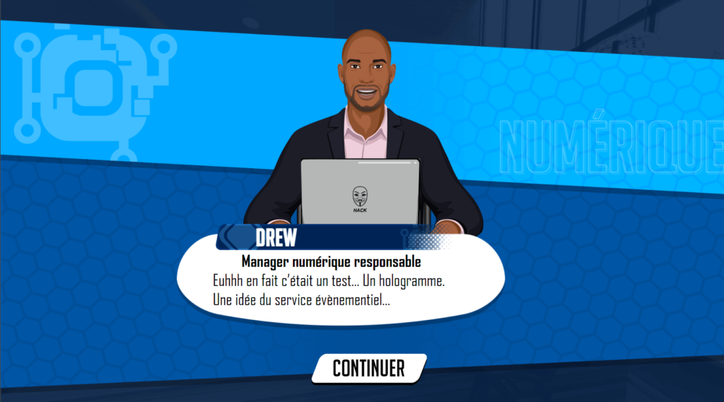Cette image issue de l'escape game Think out of the box présente un personnage expliquant que le joueur a été victime d'un fake