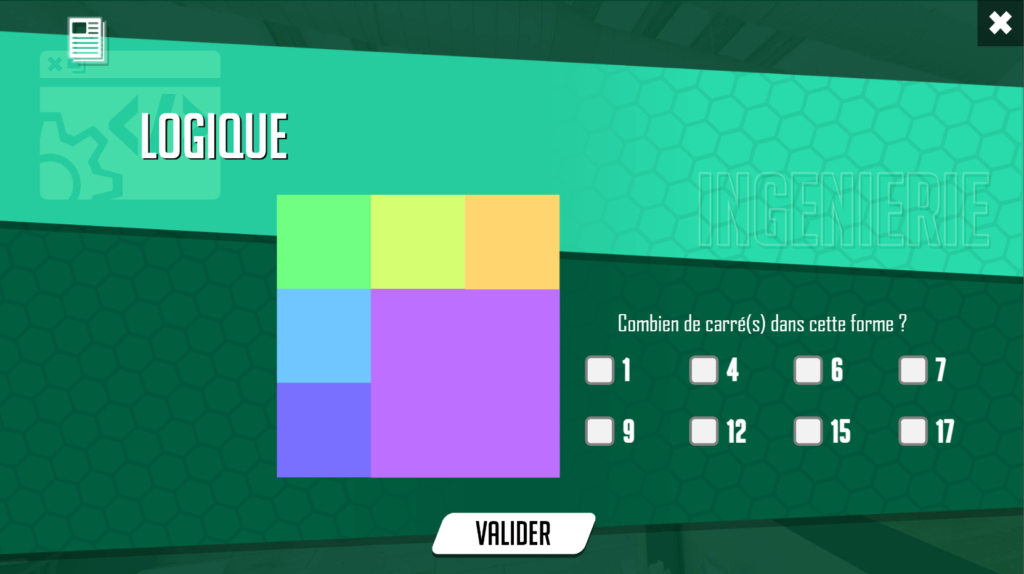 Cette image issue de l'escape game Think out of the box présente un exemple d'interactivité au cours de laquelle le joueur doit identifier des quadrilatères