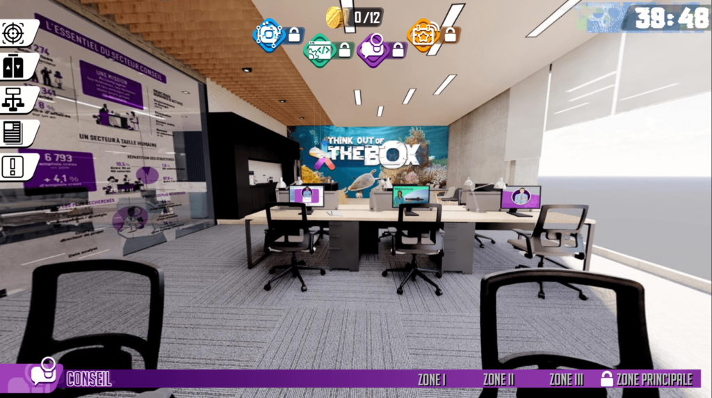 Cette image issue de l'escape game Think out of the box présente un bureau à 360° dédié aux métiers du conseil