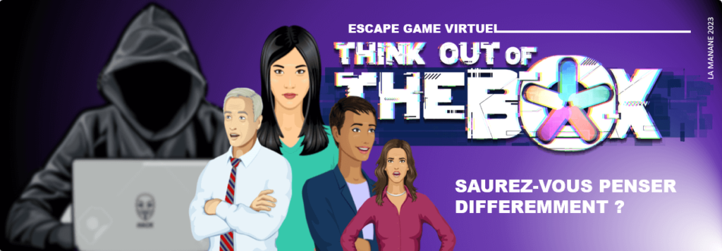 Cette image issue de l'escape game Think out of the box présente une sélection de personnages et le pirate. Elle invite à penser différemment