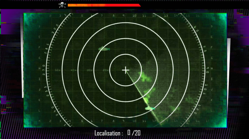 Cette image issue de l'escape game Think out of the box présente un exemple d'interactivité sous forme de radar au cours duquel le joueur cliquer sur les sousmarins qui apparaissent à l'écran