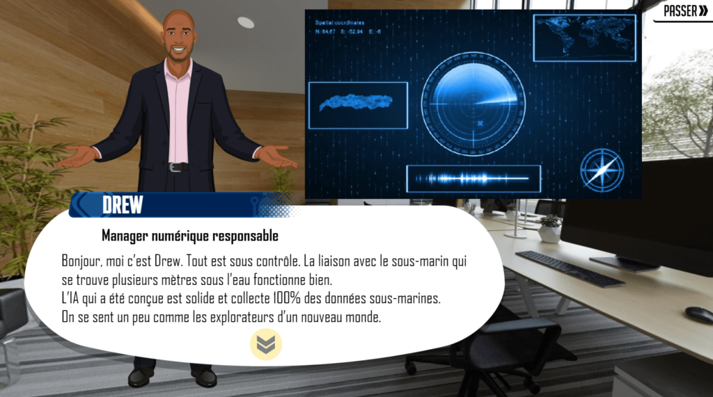 Cette image issue de l'escape game Think out of the box présente un personnage qui manager numérique responsable qui accueille le joueur et explique que la liaison avec le sous marin fonctionne bien.
