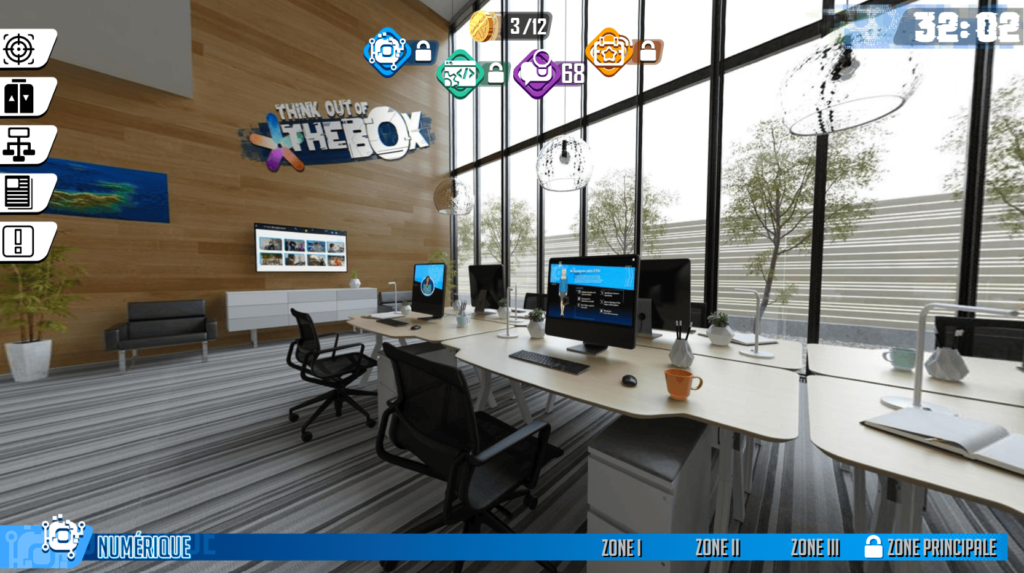 Cette image issue de l'escape game Think out of the box présente un bureau à 360° dédié aux métiers du numérique