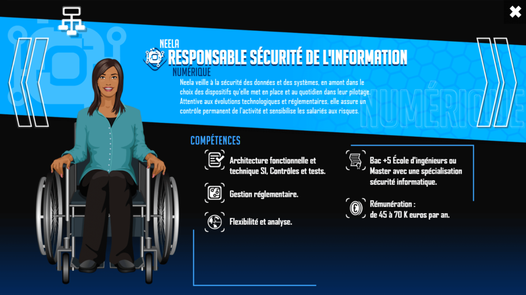 Cette image issue de l'escape game Think out of the box présente la fiche métier et les compétences du responsable cybersécurité