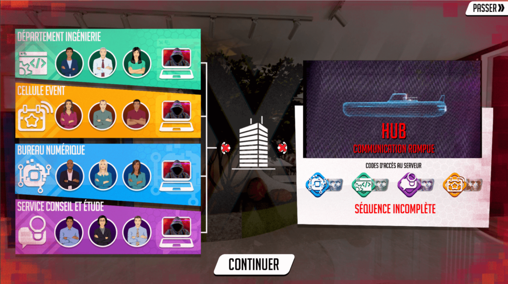 Cette image issue de l'escape game Think out of the box présente le hub à partir duquel le joueur saisit les codes d'accès permettant de débloquer le serveur piraté