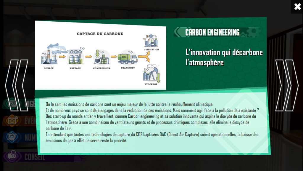 Cette image issue de l'escape game Think out of the box présente une fiche innovation dédiée au dispositif carbon engeneering