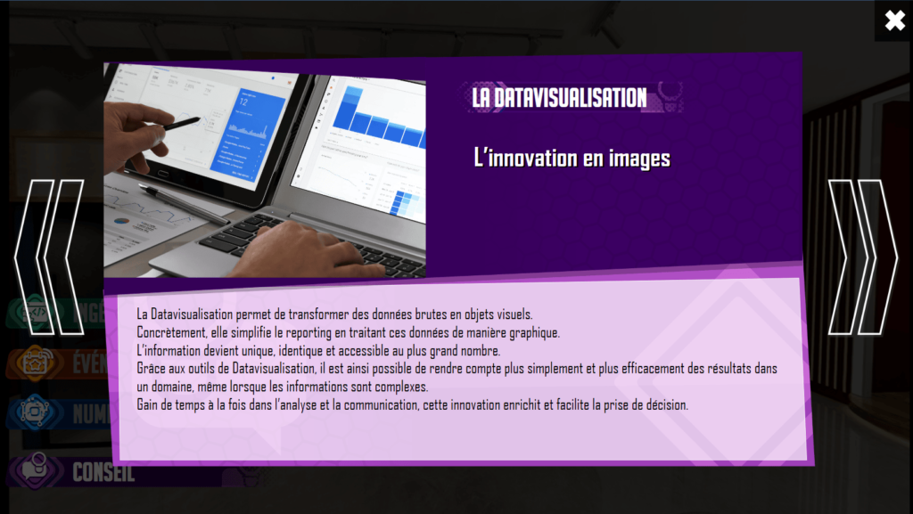 Cette image issue de l'escape game Think out of the box présente une fiche innovation dédiée à la datavisualisation