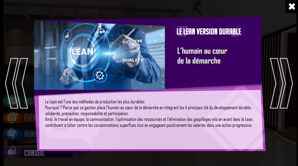 Cette image issue de l'escape game Think out of the box présente une fiche innovation dédiée au lean durable