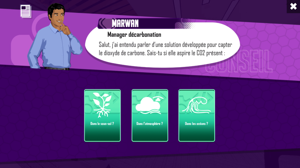 Cette image issue de l'escape game Think out of the box présente une page d'exemple d'affichage de question sur l'innovation seabed 2023