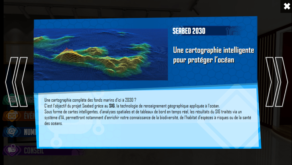Cette image issue de l'escape game Think out of the box présente une fiche innovation dédiée au dispositif Seabed 2030