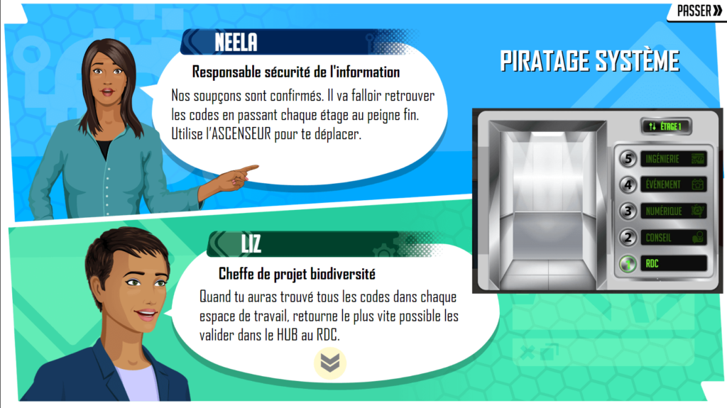 Cette image issue de l'escape game Think out of the box présente deux personnages qui expliquent comment se déplacer dans les espaces 360° du jeu en utilisant l'ascenseur
