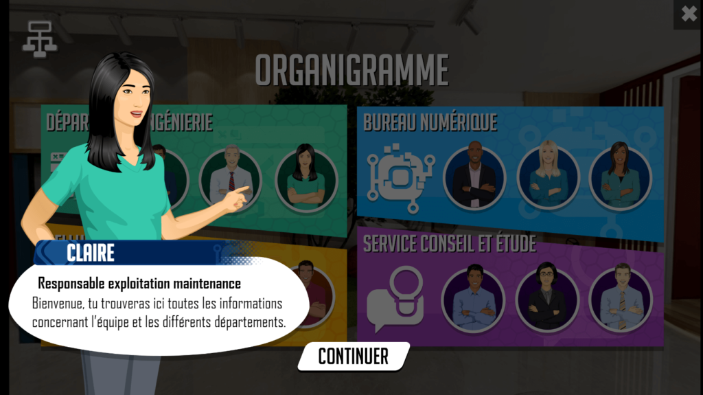 Cette image issue de l'escape game Think out of the box présente un personnage qui accueille le joueur pour l'utilisation de l'organigramme